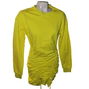 GREY LAB Neon Yellow Ruched Drawstring Sweatshirt Mini Dress Long Sleeve Crewnec